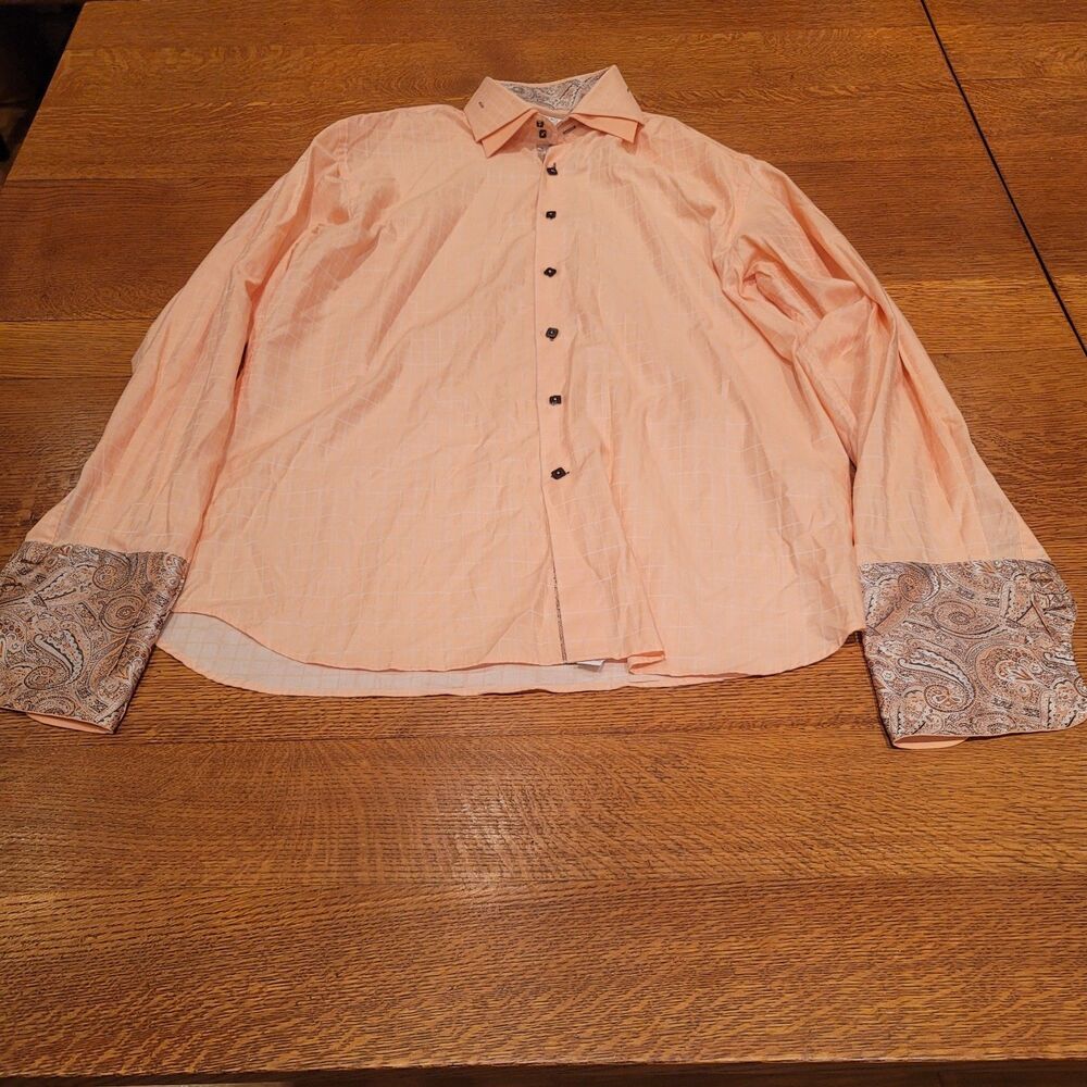 Angelino For Bermuda Button Uo Dress Shirt Peach Paisley  3XL Grid Graph